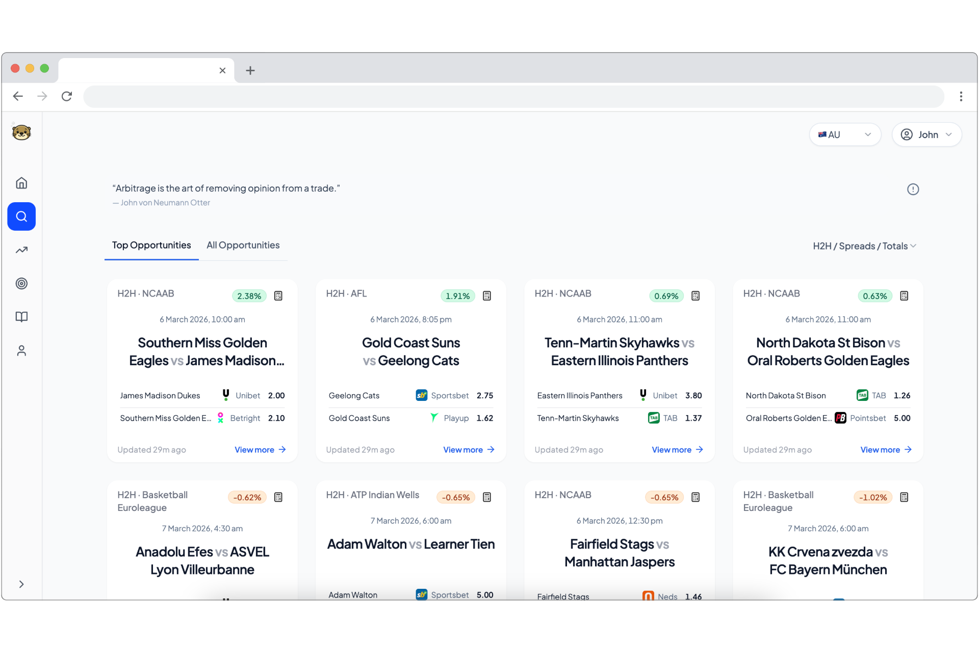 Screenshot of the OddsOtter arbitrage dashboard